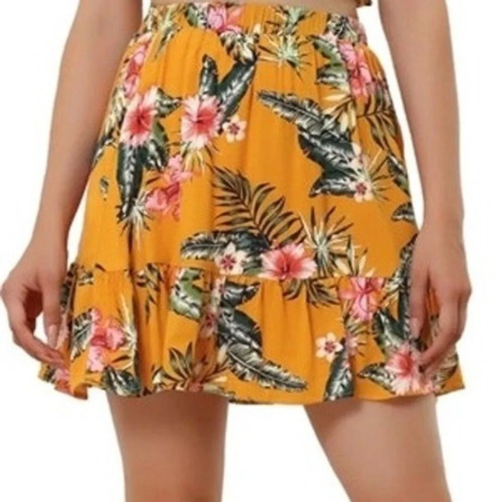 Mustard Yellow Tropical Floral Ruffle‎ Mini Skirt Large Rayon Boho Summer